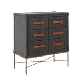 Albi Dresser featuring six spacious drawers, matte navy leather finish, deep brown leather handles, and a sturdy wrought iron frame, combining mid-century modern luxury and industrial elegance.