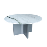 Top-down view of the Angeli Round Table showcasing its Bulgari white natural stone surface with unique marble veining.