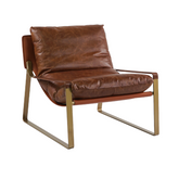 Chinon Occasional Chair featuring premium top-grain leather upholstery, PU canvas detailing, and a sturdy iron frame for luxurious comfort and mid-century style.