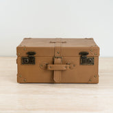 Tan leather-look Dante storage box with suitcase-style design for stylish home organization.