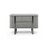Grey wood veneer bedside table with two drawers and sleek steel legs