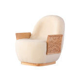 Luxury chenille accent armchair with carved wood panels, perfect for modern living rooms or lounges.