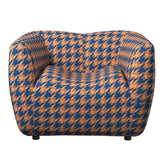 Fano Lounge Chair featuring premium cotton and linen upholstery, high-density sponge cushioning, and a bold blue and orange pattern, offering modern comfort and unique mid-century style.
