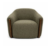 Modern round armchair upholstered in olive green bouclé fabric, featuring walnut-coloured timber accents on the armrests for a stylish, contemporary look.