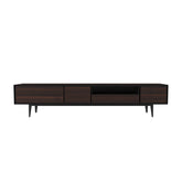 The Harper TV Unit featuring natural eucalyptus veneer and sleek carbon steel legs, styled in a contemporary living room.