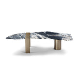 Close-up of the Scada Coffee Table featuring a unique grey sapphire marble top and elegant brass legs, highlighting the natural stone’s veining and the asymmetrical design.