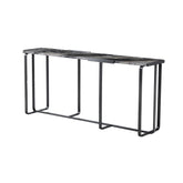 Front view of the Toron Console Table showcasing unique Italian Welch brown natural marble patterns and sleek grey titanium stainless steel legs.