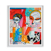 A framed abstract art print featuring two stylized faces in a colorful cubist composition, enclosed in a white frame against a light gray background.