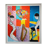 A framed abstract painting featuring two stylized female figures, a colorful geometric motif, and bold blocks of red, blue, pink, yellow, purple, black, and white, set against a plain white background.