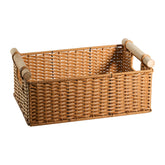 Rectangular plastic rattan storage basket with solid wood handles, perfect for organizing kitchen items, office supplies, or household essentials.