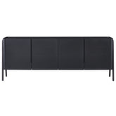 Modern Rovigo Sideboard in carbon black elm wood, featuring multiple shelves and compartments for elegant and versatile home storage in the dining or living room.