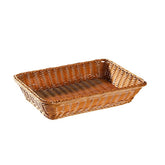Shallow rectangular plastic rattan storage baskets, available in four sizes, perfect for organizing household essentials with style and sophistication.