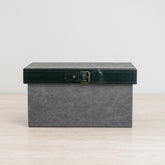 Talon storage box featuring a dark grey body and smooth dark green lid for modern organization.