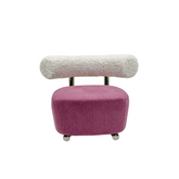 Modern beige accent chair with teal sherpa backrest and polished stainless steel legs on a pure white background.