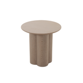 Modern Wyler end table featuring a circular top and unique petal column base, ideal as a bedside or living room accent.