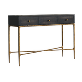 Alta Console Table with dark brown stained ash wood top and hand-forged wrought iron frame, featuring three drawers in a mid-century modern luxury interior