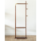 Solid ash wood clothing rack with two shelves and three wooden pegs, modern wardrobe organizer for bedroom or entryway