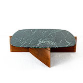 Bolzano Coffee Table with a deep emerald natural marble top and walnut veneer legs, showcasing a bold, modern design perfect for luxury interiors.