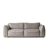 Bruno 3-Seater Sofa in supple grey premium top grain leather with plush cushions and striking golden metal frame, luxury designer leather sofa for theatre rooms and classic living spaces.