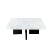 Castel Coffee Table featuring a natural white marble top with grey veining and oak-finish wooden legs, styled in a modern living room