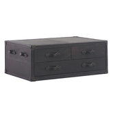 Felix coffee table crafted in leather trunk style with storage drawers, versatile furniture for modern living rooms