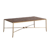Havre Coffee Table with a rectangular timber parquetry top and a gold-finished wrought iron base featuring a unique knotted circular design.