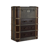 Hereford tallboy cabinet in vintage trunk style with leather wrap, metal studs, and wooden trims, chest of drawers with storage