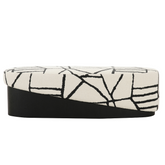 Hjo Bench with black abstract patterned fabric, clean modern silhouette, and dark ash veneer half-base for contemporary living spaces