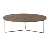 Horten mid-century modern coffee table with forged iron base and two different-sized wooden tops, blending industrial and natural elements