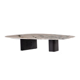 Lodi coffee table with white shell black sand natural stone top and carbon black ash wood legs in a modern living room setting