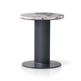 Lodi side table with hand-polished elephant white marble top and carbon matte black titanium coated stainless steel base in a modern luxury interior