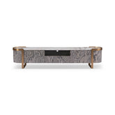 Stone TV Unit with Gadoria marble top and black and white marbled plywood – modern luxury entertainment console in a contemporary living room.
