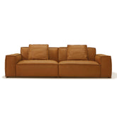 Nora 3 Seater Sofa in premium Brazilian top grain leather with subtle distressed finish, modern low-profile design, luxury comfort with extra back cushions