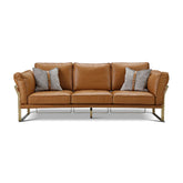 Parson 3-Seater Sofa in Mulberry brown top grain leather with oversized arms, buckle detailing, and brushed gold steel framework, luxury designer leather sofa for modern living spaces.