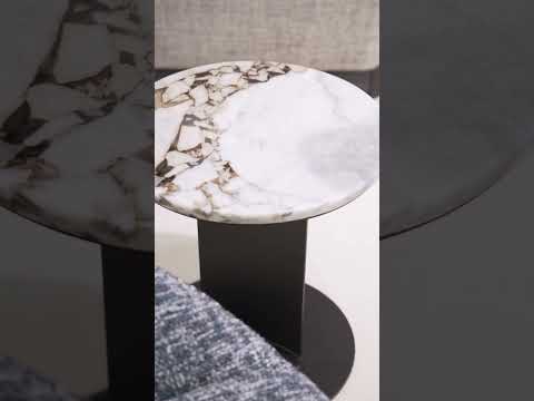 Video showcasing the Lodi side table featuring a hand-polished elephant white marble top and carbon matte black titanium stainless steel base, highlighting its modern luxury design and craftsmanship.