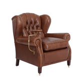 Provins Armchair upholstered in top-grain Brazilian leather with built-in cigar plate and sleek wood legs, mid-century luxury seating for living rooms.