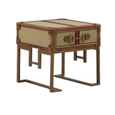 Reims Side Table featuring a leather and canvas tabletop, iron frame, and buckle-style handle, blending mid-century charm with handcrafted industrial detail