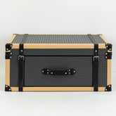 Close-up of Renzo PU leather storage box showing textured exterior, front drawer, and velvet-lined interior