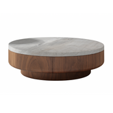 Scilla round coffee table with 1m natural grey marble top and walnut base