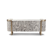 Stone Sideboard featuring a luxurious Gadoria marble top with black and white marbled plywood accents and stainless steel details – perfect for modern luxury interiors.