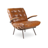 Tigma Armchair in premium top grain leather with distressed finish, slatted buckle back, hand-pleated detailing, deep buttoning, and sleek metal legs, luxury accent chair