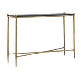 Vanne Wood Console Table featuring a black stained ash wood top and hand-forged iron frame, showcasing minimalist mid-century modern design in a luxury interior setting