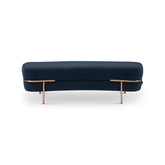 Vero luxury accent bench in deep blue polyester fabric with sleek stainless steel brushed brass accents, modern designer bench for bedrooms and living spaces.