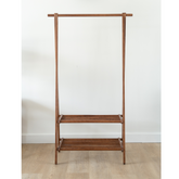 Premium clothing rack crafted from solid ash hardwood with two shelves, modern entryway and bedroom organizer