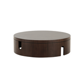 Wales Coffee Table in rich dark oak veneer with sculptural cutout base, styled in a modern living room
