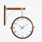 Walnut solid wood double-sided wall clock with vintage-inspired design and brass accents