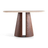 Walter travertine console table with sculptural walnut pedestal base