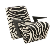 Zebra Leather Armchair upholstered in cowhide with zebra pattern and walnut armrests, modern luxury design.