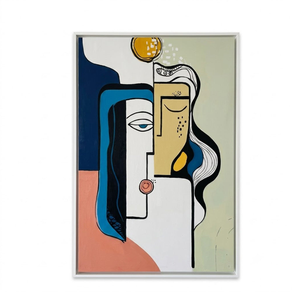 A framed abstract art print featuring a stylized face composed of geometric shapes in blue, beige, white, black, yellow, and peach tones, shown against a plain white background.