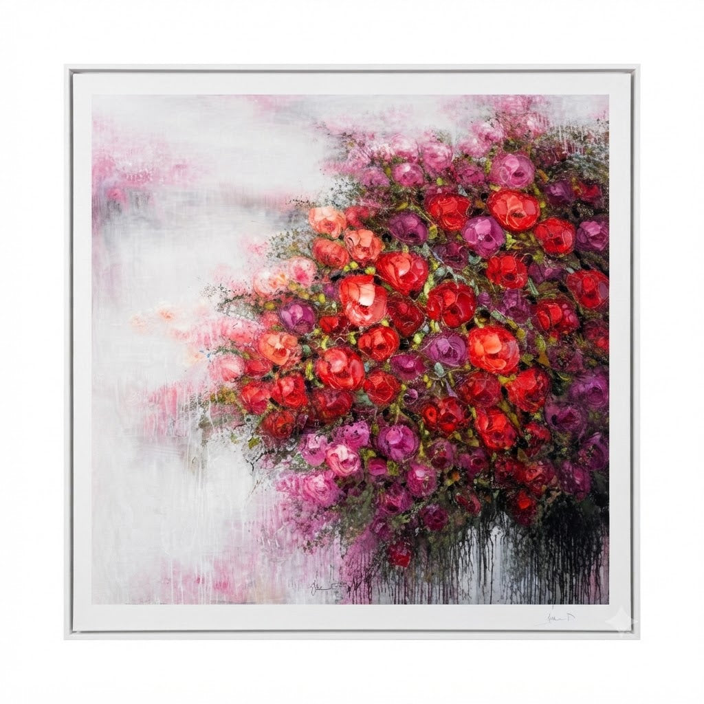 Framed square wall art featuring an expressive floral painting with dense red, pink, and purple flowers against a soft white and gray background.